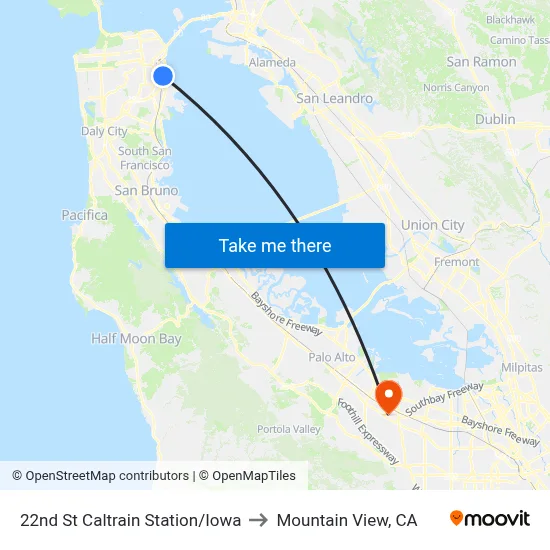 22nd St Caltrain Station/Iowa to Mountain View, CA map