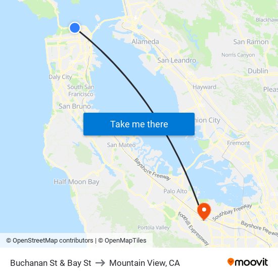 Buchanan St & Bay St to Mountain View, CA map