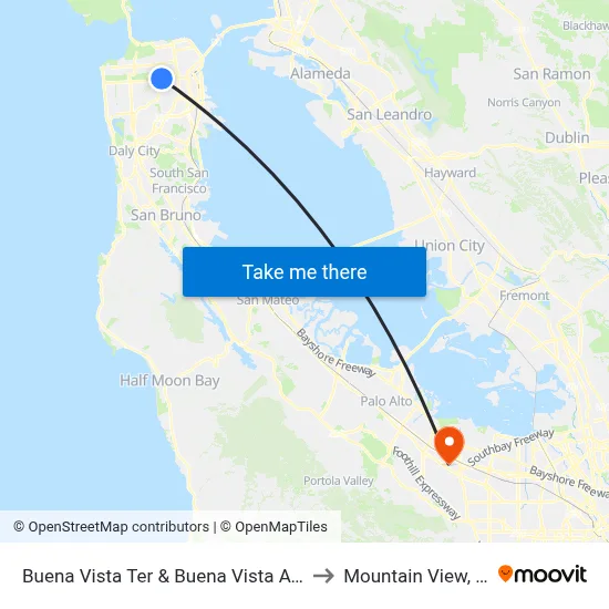 Buena Vista Ter & Buena Vista Ave E to Mountain View, CA map