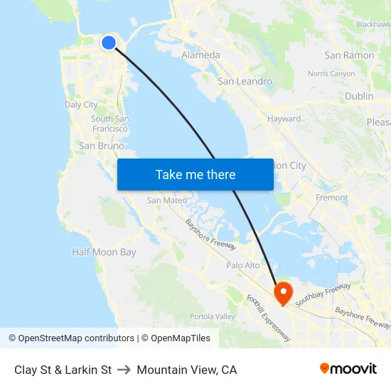 Clay St & Larkin St to Mountain View, CA map