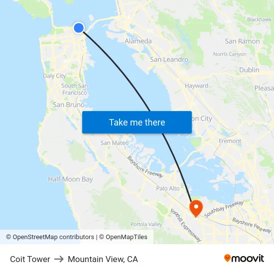 Coit Tower to Mountain View, CA map