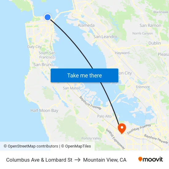 Columbus Ave & Lombard St to Mountain View, CA map
