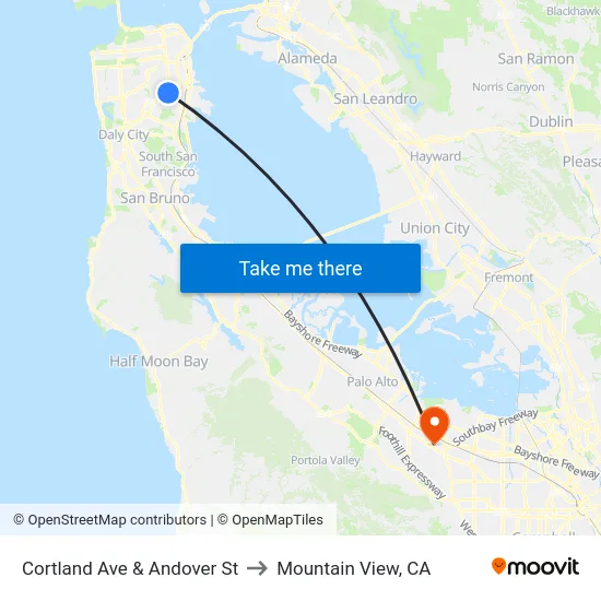 Cortland Ave & Andover St to Mountain View, CA map