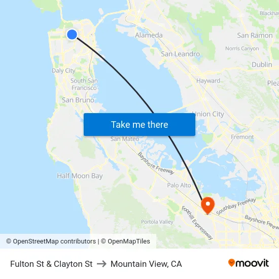 Fulton St & Clayton St to Mountain View, CA map