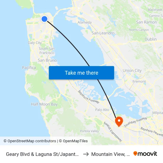 Geary Blvd & Laguna St/Japantown to Mountain View, CA map