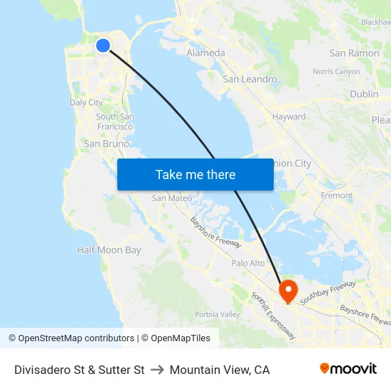 Divisadero St & Sutter St to Mountain View, CA map