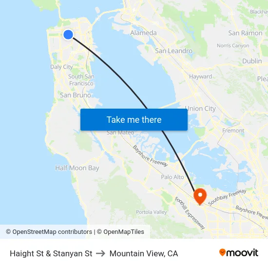 Haight St & Stanyan St to Mountain View, CA map