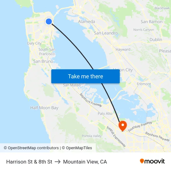 Harrison St & 8th St to Mountain View, CA map