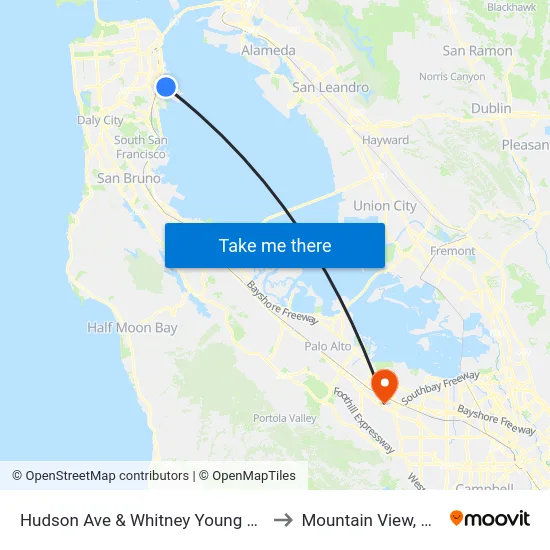 Hudson Ave & Whitney Young Cir to Mountain View, CA map