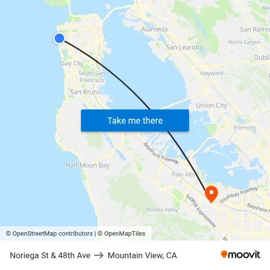Noriega St & 48th Ave to Mountain View, CA map