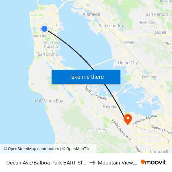 Ocean Ave/Balboa Park BART Station to Mountain View, CA map