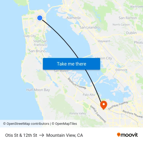 Otis St & 12th St to Mountain View, CA map