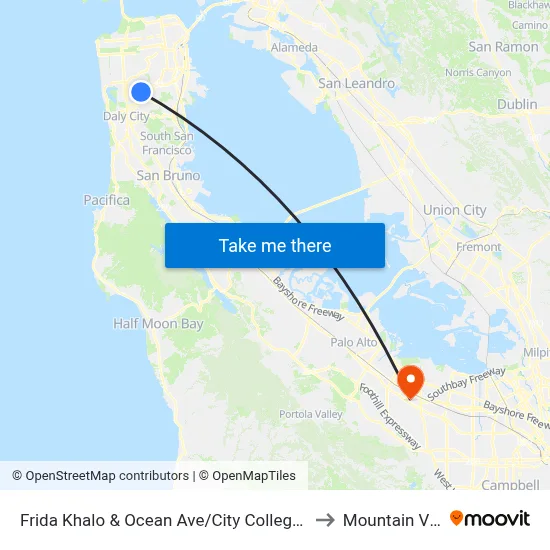 Frida Khalo & Ocean Ave/City College Welcome Center to Mountain View, CA map
