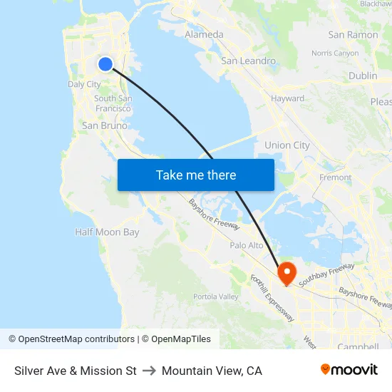 Silver Ave & Mission St to Mountain View, CA map