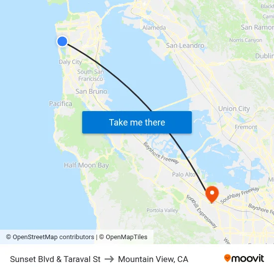 Sunset Blvd & Taraval St to Mountain View, CA map