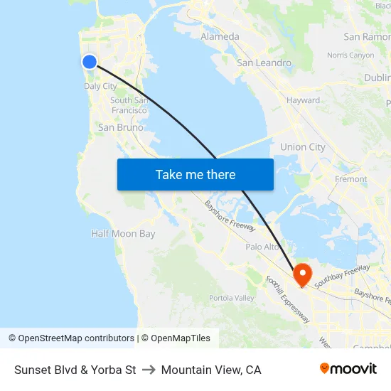 Sunset Blvd & Yorba St to Mountain View, CA map