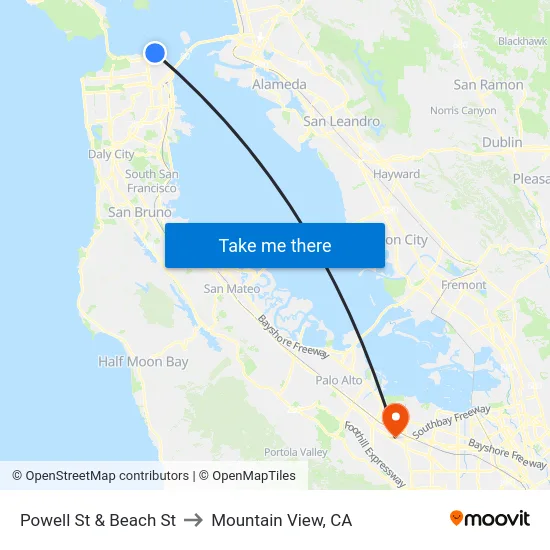 Powell St & Beach St to Mountain View, CA map