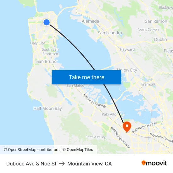Duboce Ave & Noe St to Mountain View, CA map