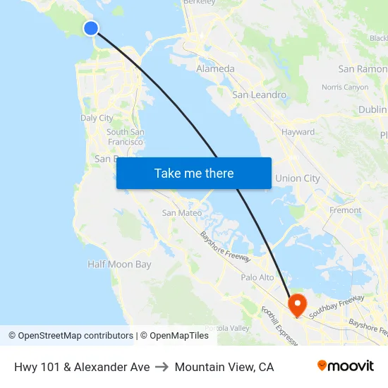 Hwy 101 & Alexander Ave to Mountain View, CA map