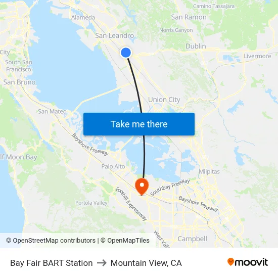 Bay Fair BART Station to Mountain View, CA map