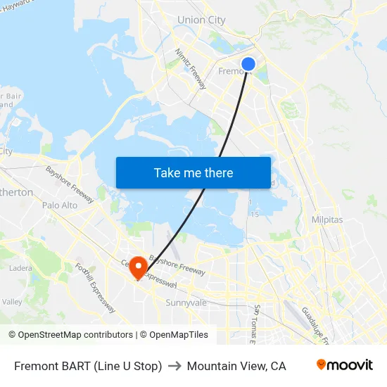 Fremont BART (Line U Stop) to Mountain View, CA map