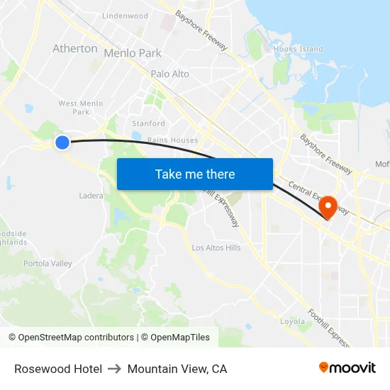 Rosewood Hotel to Mountain View, CA map
