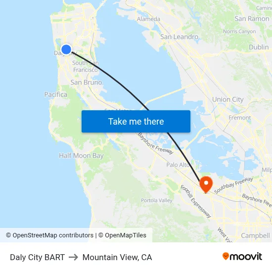 Daly City BART to Mountain View, CA map