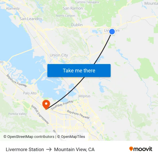 Livermore Station to Mountain View, CA map