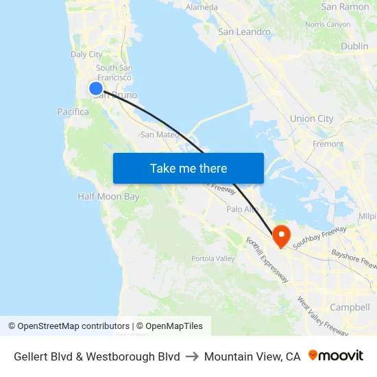 Gellert Blvd & Westborough Blvd to Mountain View, CA map