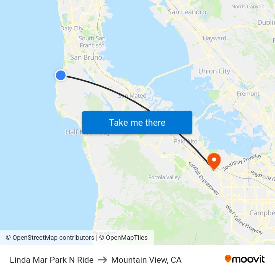 Linda Mar Park N Ride to Mountain View, CA map