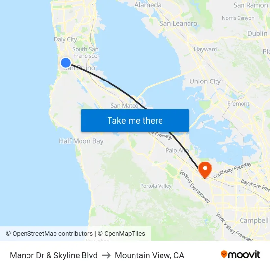 Manor Dr & Skyline Blvd to Mountain View, CA map