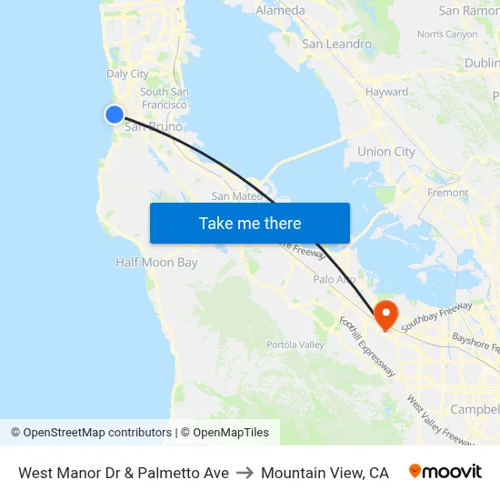 West Manor Dr & Palmetto Ave to Mountain View, CA map