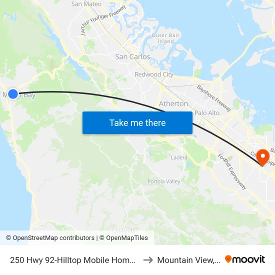 250 Hwy 92-Hilltop Mobile Home Park to Mountain View, CA map