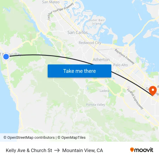 Kelly Ave & Church St to Mountain View, CA map