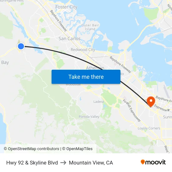 Hwy 92  & Skyline Blvd to Mountain View, CA map