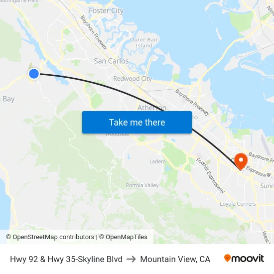 Hwy 92 & Hwy 35-Skyline Blvd to Mountain View, CA map