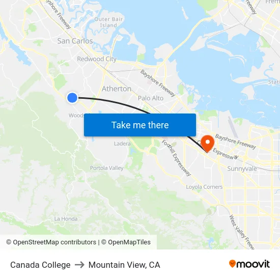 Canada College to Mountain View, CA map