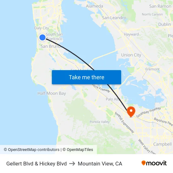 Gellert Blvd & Hickey Blvd to Mountain View, CA map