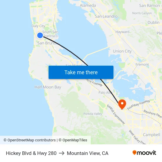Hickey Blvd & Hwy 280 to Mountain View, CA map