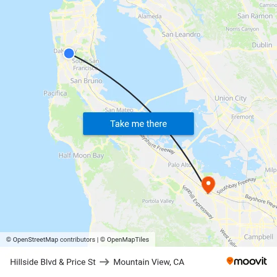Hillside Blvd & Price St to Mountain View, CA map