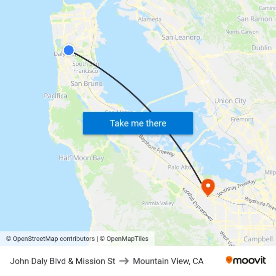 John Daly Blvd & Mission St to Mountain View, CA map
