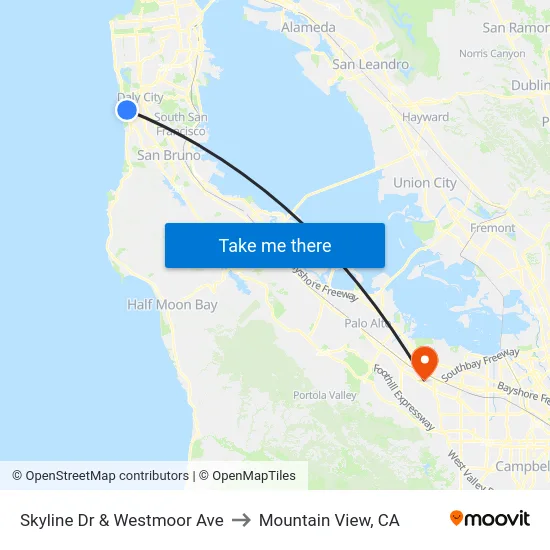 Skyline Dr & Westmoor Ave to Mountain View, CA map