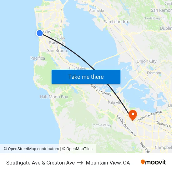 Southgate Ave & Creston Ave to Mountain View, CA map