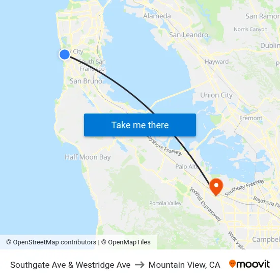 Southgate Ave & Westridge Ave to Mountain View, CA map