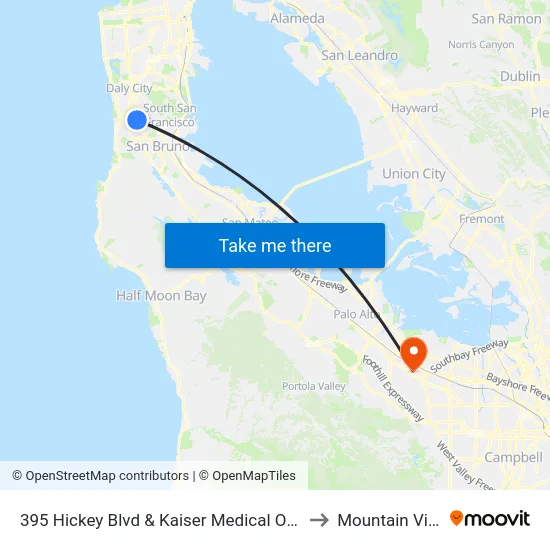395 Hickey Blvd & Kaiser Medical Offices Driveway to Mountain View, CA map