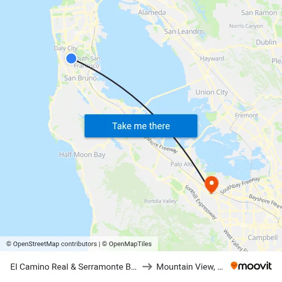 El Camino Real & Serramonte Blvd to Mountain View, CA map