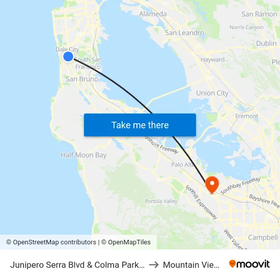 Junipero Serra Blvd & Colma Park N Ride to Mountain View, CA map