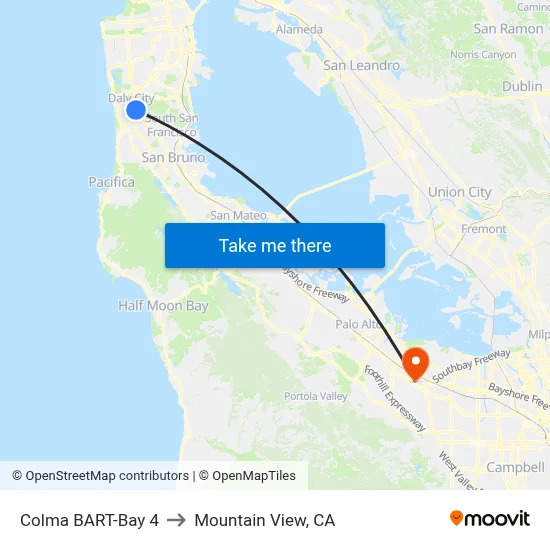 Colma BART-Bay 4 to Mountain View, CA map
