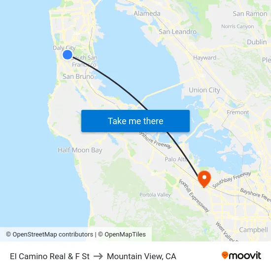 El Camino Real & F St to Mountain View, CA map