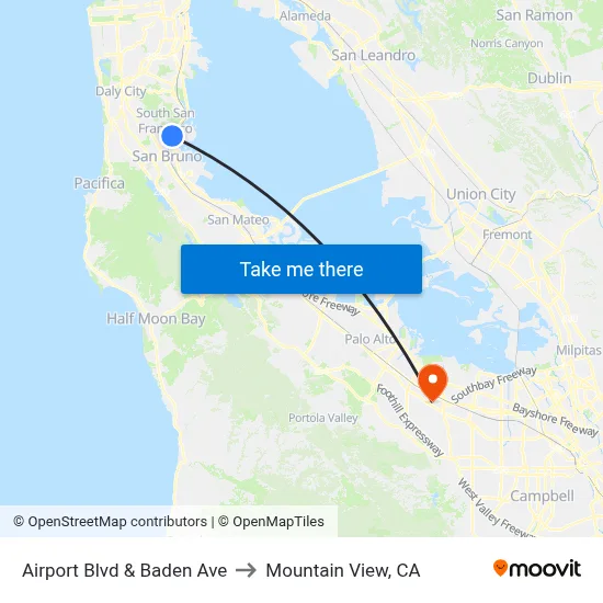 Airport Blvd & Baden Ave to Mountain View, CA map